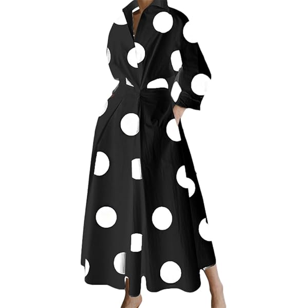 HGps8w Women's Elegant Polka Dots Maxi Shirt Dresses 2025 Long